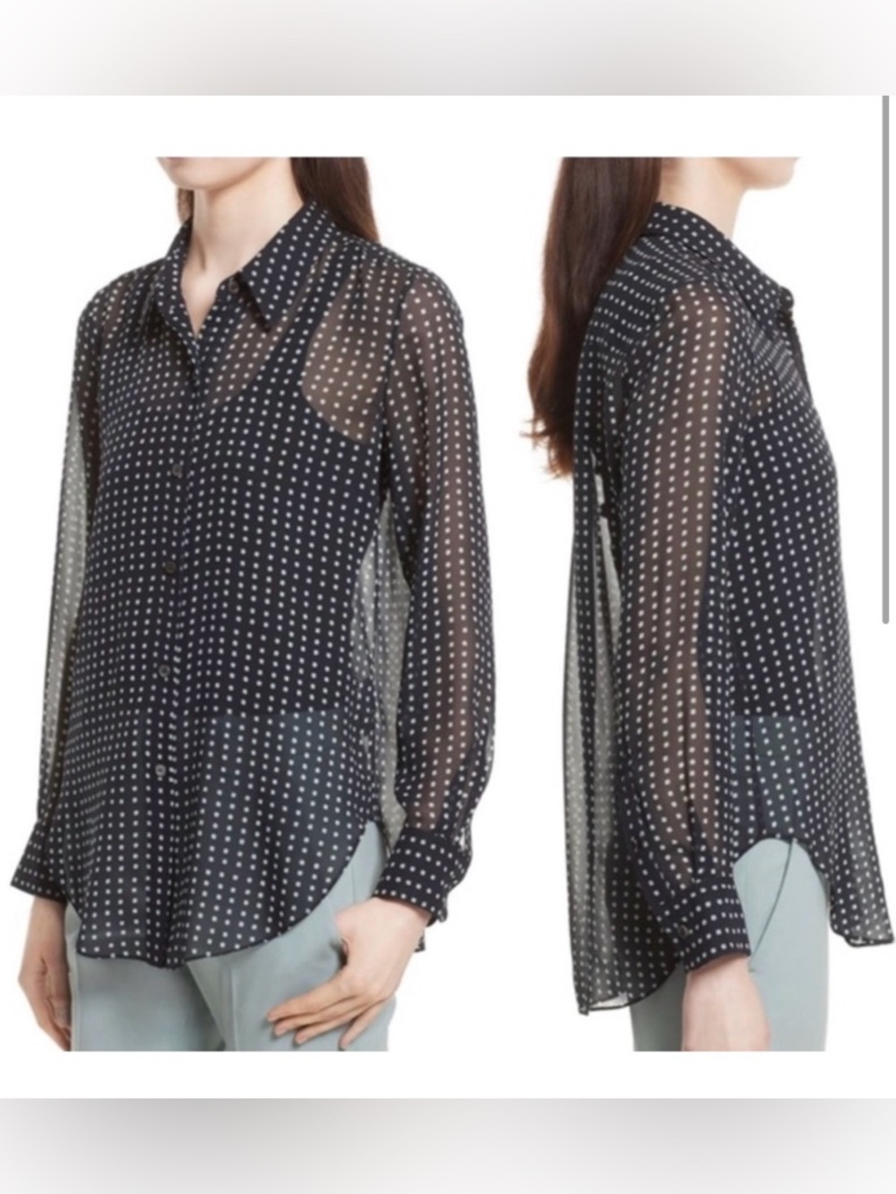 Theory Sunaya NC Silk Blouse Size S Black White Square Print Sheer Button Down